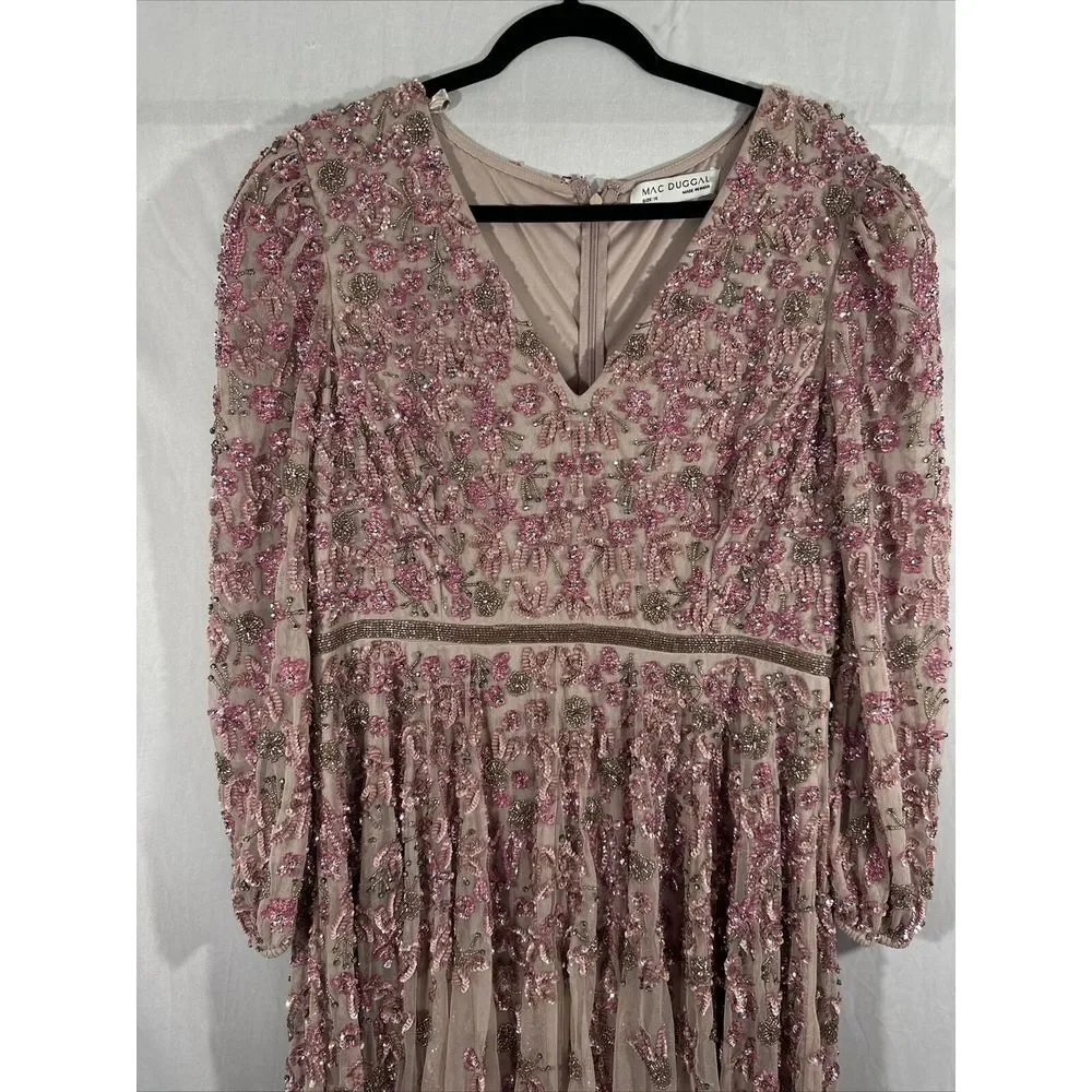 NWT $798 Mac Duggal [ 14 ] Embellished V Neck 3/4 Sleeve A Line Gown Rose #G1761 - Picture 10 of 16